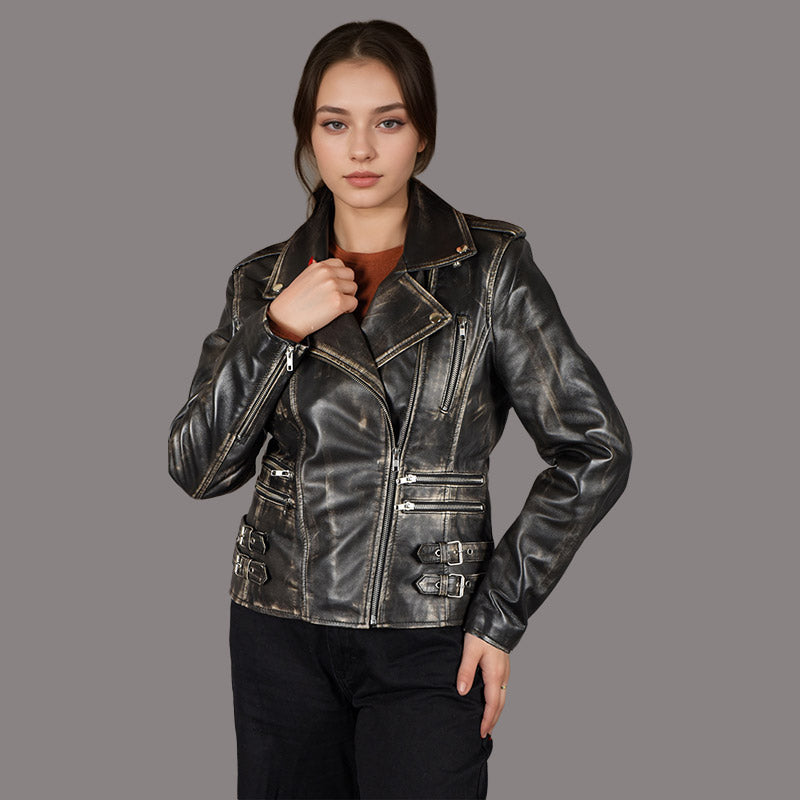 Vintage leather biker jacket womens hot sale