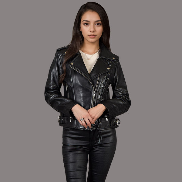 Women Laced Leather Biker Jacket in Black OBSIDIAN