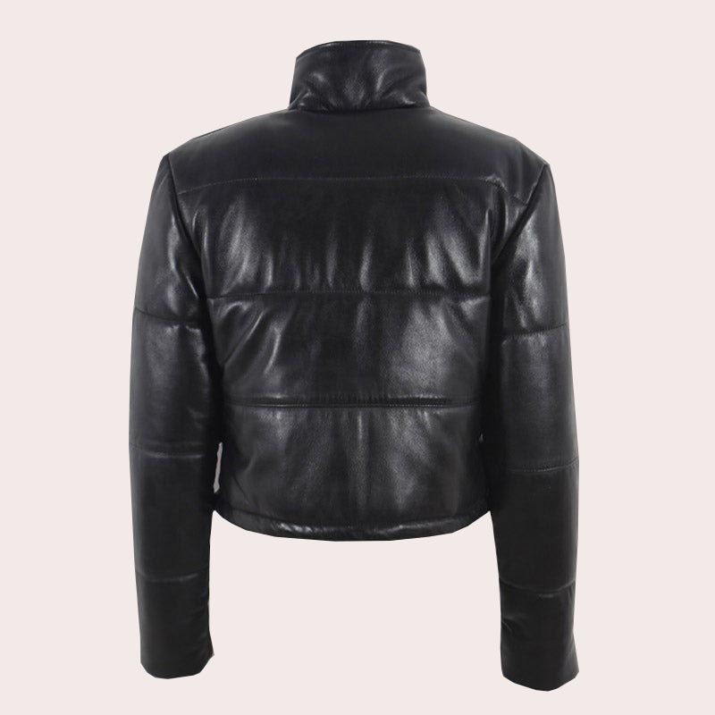 Women Leather Puffer Jacket in Black WOODLANDIA