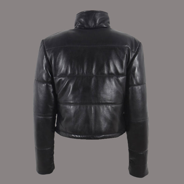 Women Leather Puffer Jacket in Black WOODLANDIA