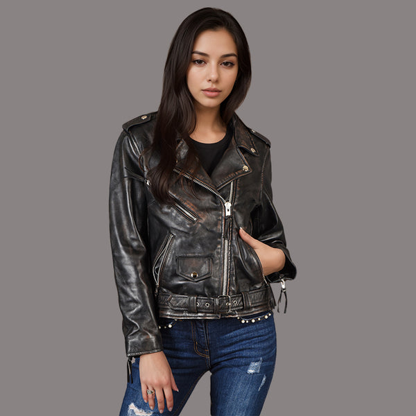 Women Vintage Leather Biker Jacket RUNWAY