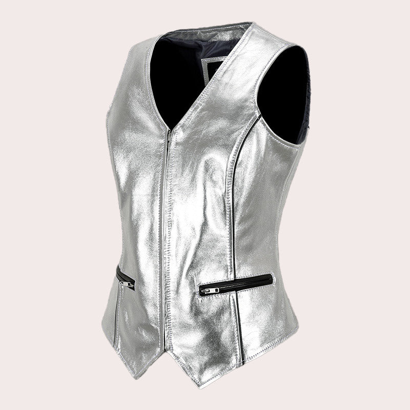 Women's Silver Leather Vest EZRAH