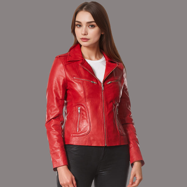 Women Center Zip Red Leather Biker Jacket NAXBY