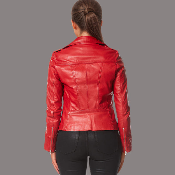 Women Center Zip Red Leather Biker Jacket NAXBY