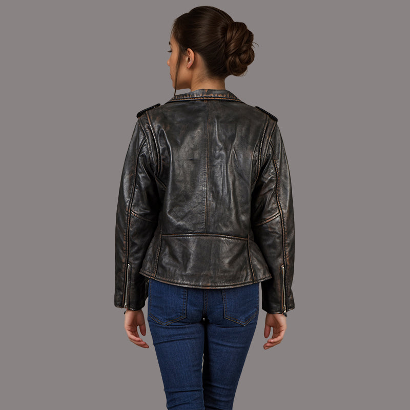 Women Vintage Leather Biker Jacket RUNWAY