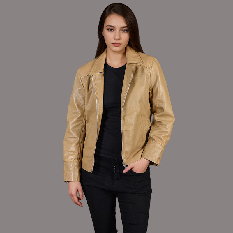 Women Centre Zip Leather Biker Jacket in Beige NAMUR