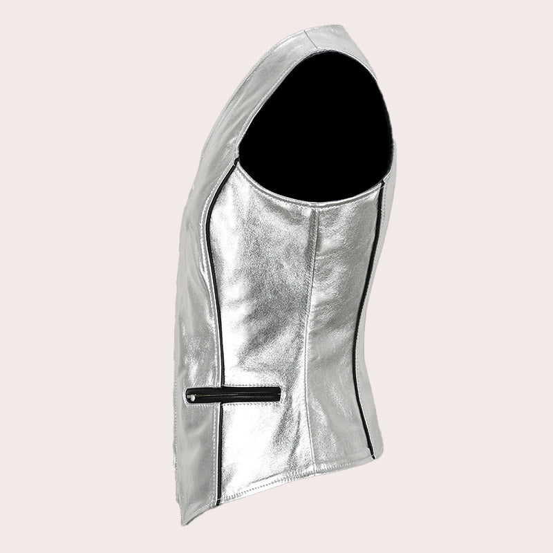 Women's Silver Leather Vest EZRAH