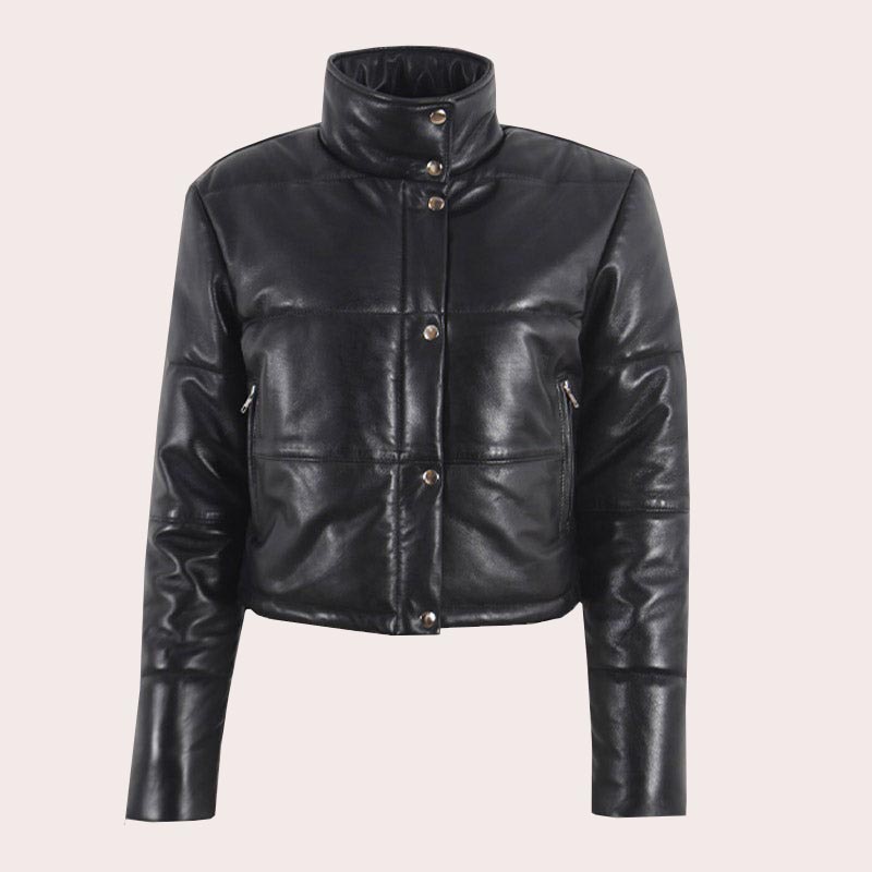 Women Leather Puffer Jacket in Black WOODLANDIA