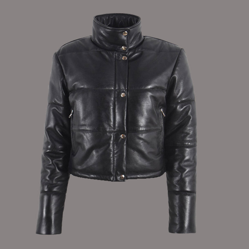 Women Leather Puffer Jacket in Black WOODLANDIA