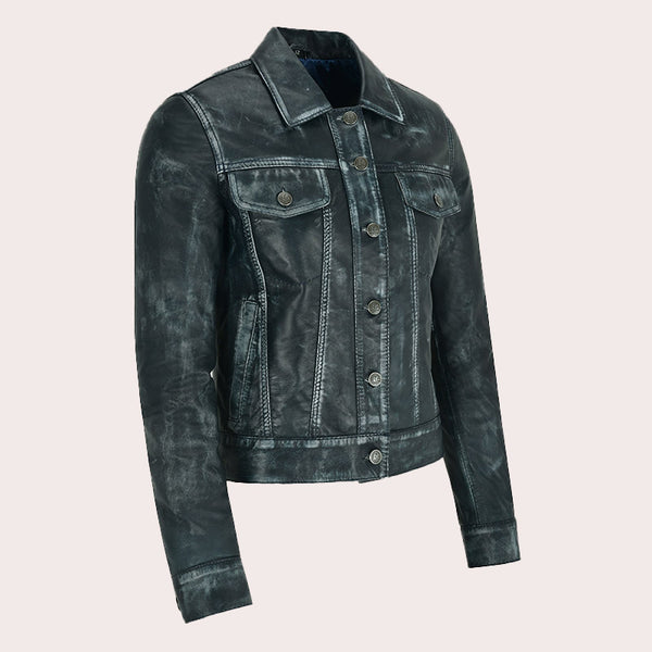 Women Leather Denim Jacket HESMEN