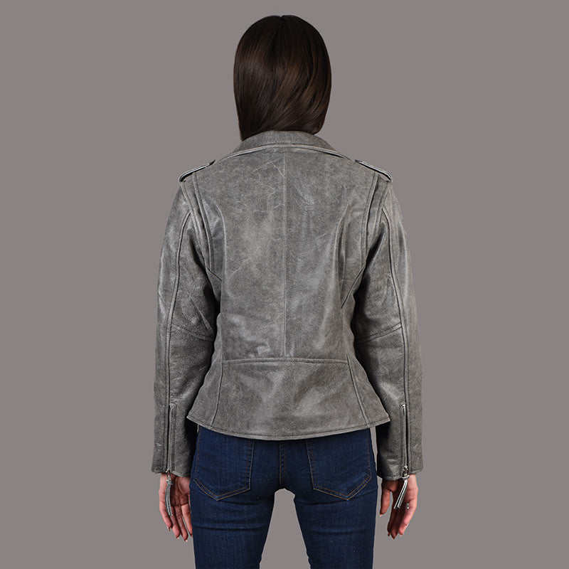 Women Leather Biker Jacket in Grey Vintage RUNWAY