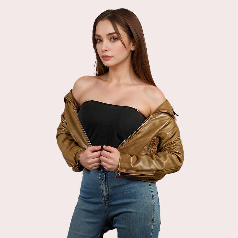 Women Centre Zip Leather Biker Jacket RYDAL