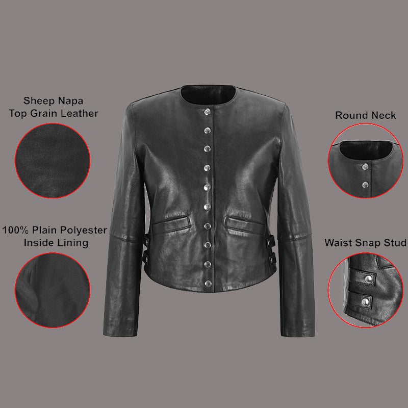 Women Collarless Leather Jacket in Black SKYLER