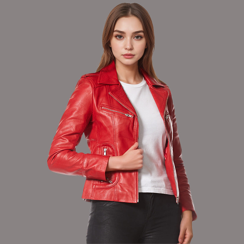 Women Center Zip Red Leather Biker Jacket NAXBY