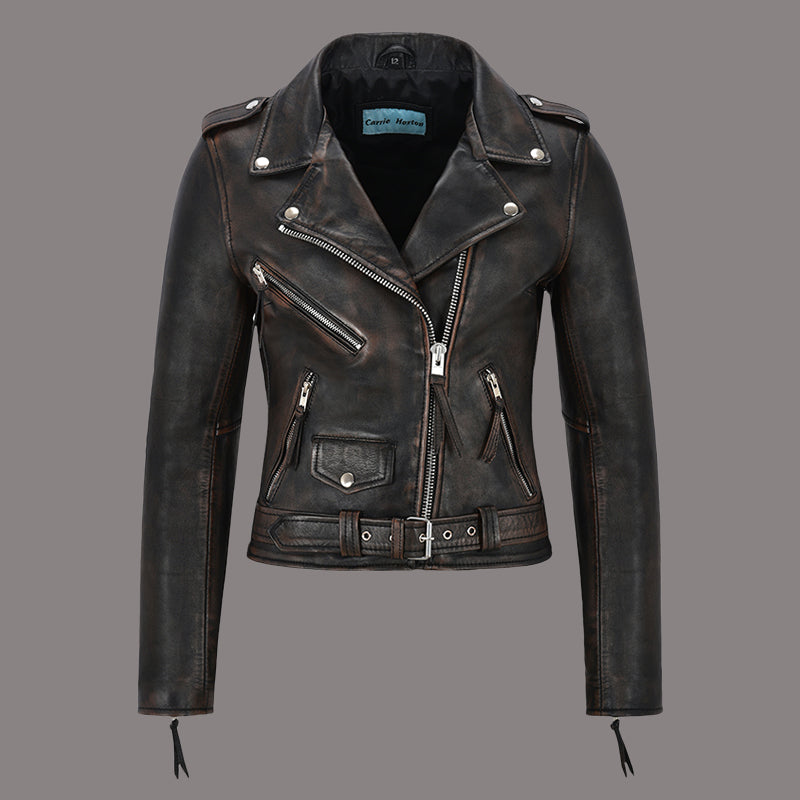 Women Vintage Leather Biker Jacket RUNWAY