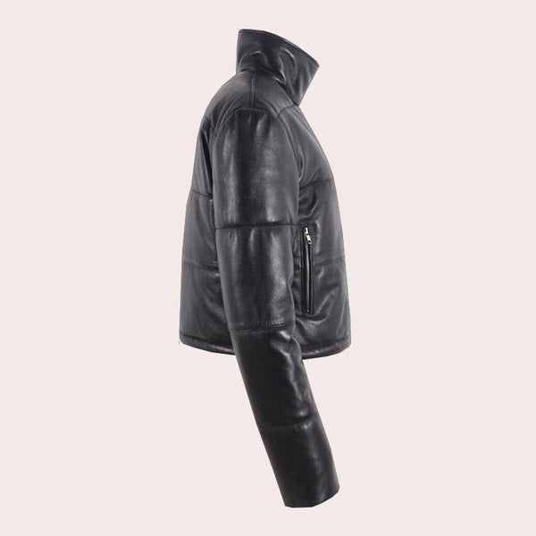 Women Leather Puffer Jacket in Black WOODLANDIA