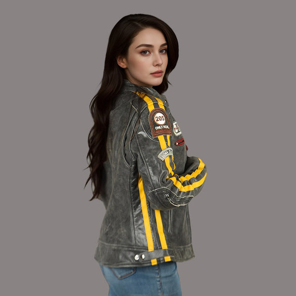 Women Distressed Racer Leather Jacket SIZMA