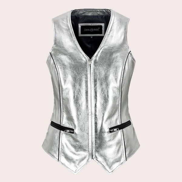 Women's Silver Leather Vest EZRAH