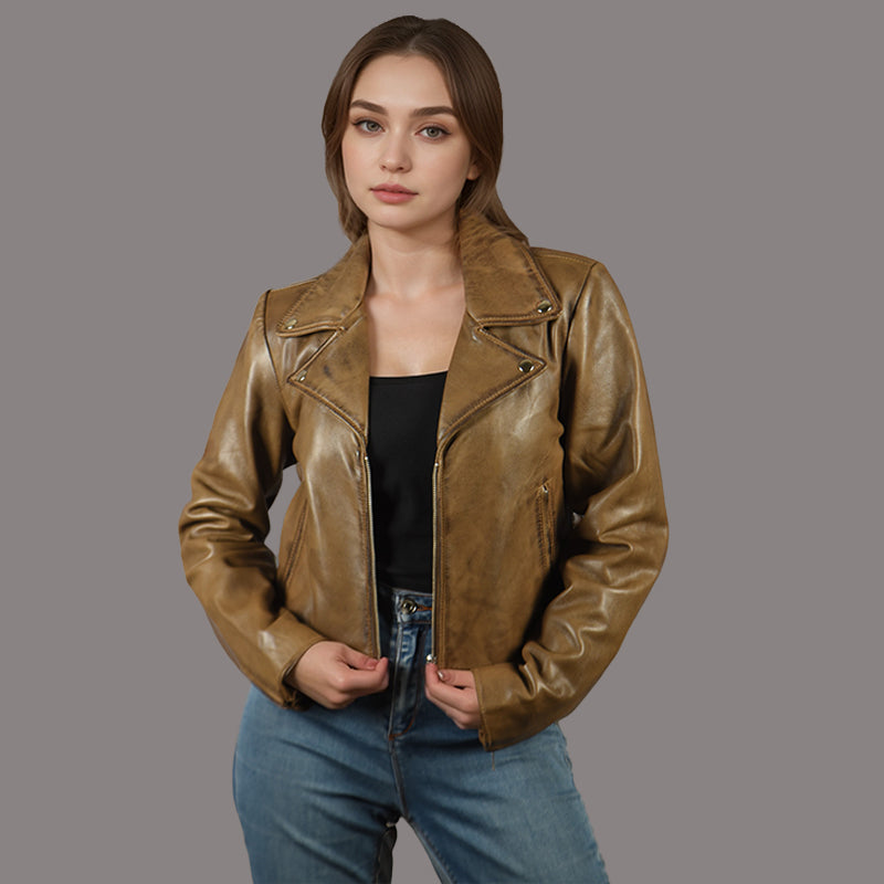 Women Centre Zip Leather Biker Jacket RYDAL