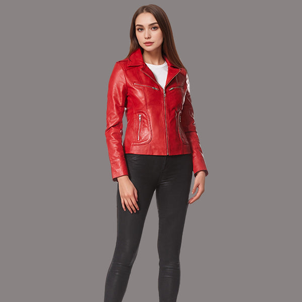 Women Center Zip Red Leather Biker Jacket NAXBY