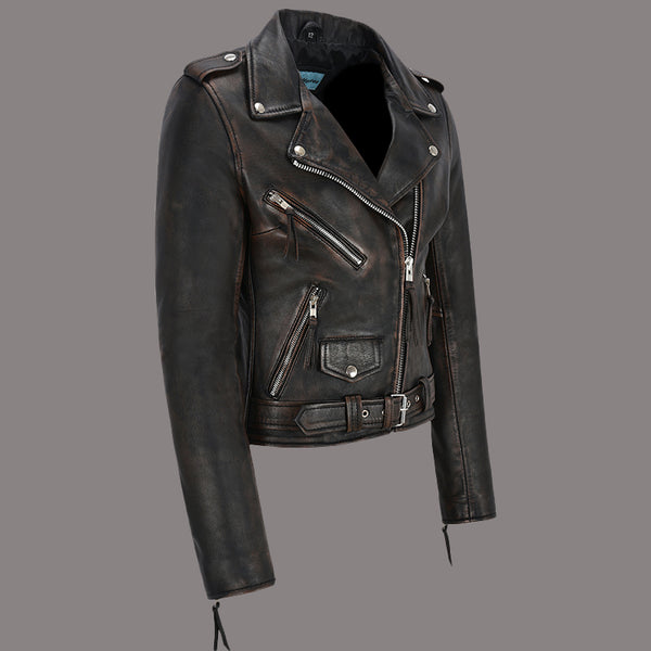 Women Vintage Leather Biker Jacket RUNWAY