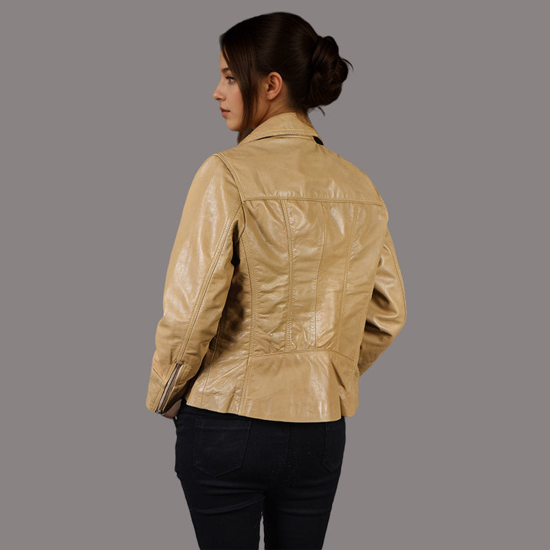 Women Centre Zip Leather Biker Jacket in Beige NAMUR