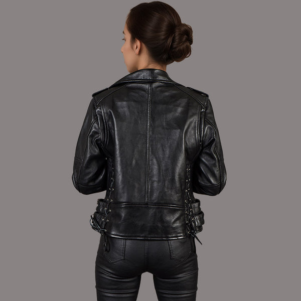 Women Laced Leather Biker Jacket in Black OBSIDIAN