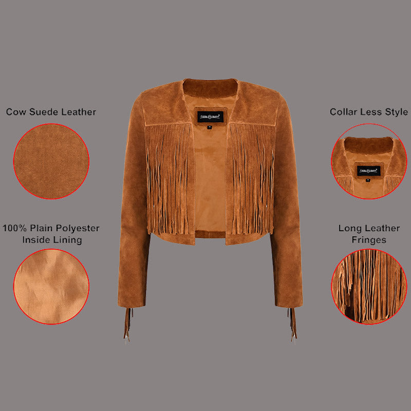 Cropped Leather Fringe Jacket in VAQUERO