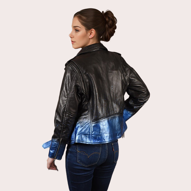 Women Biker Leather Jacket Waxed Sparkled RUNWAY