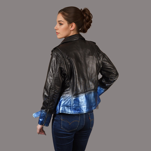 Women Biker Leather Jacket Waxed Sparkled RUNWAY