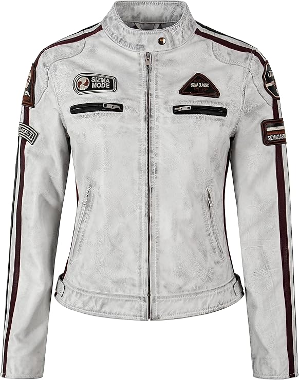 Women Leather Biker Jacket in White SIZMA