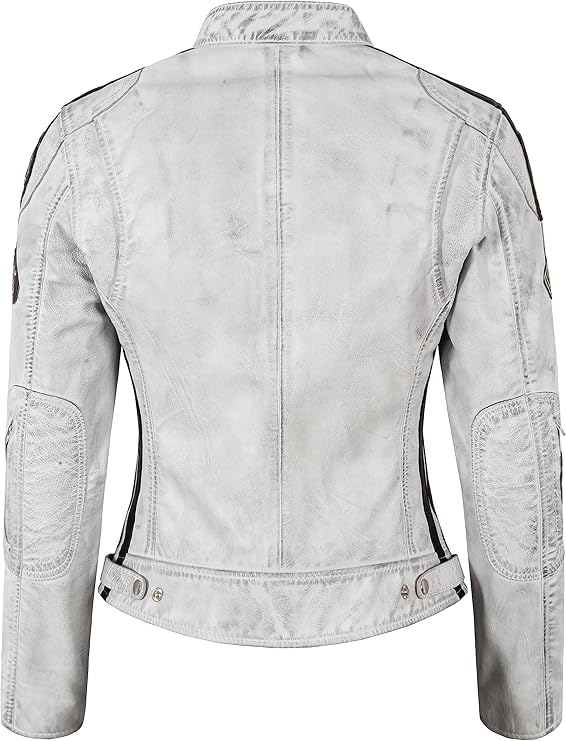 Women Leather Biker Jacket in White SIZMA