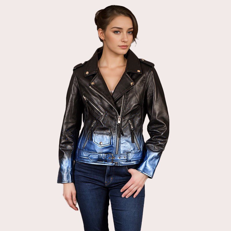 Women Biker Leather Jacket Waxed Sparkled RUNWAY