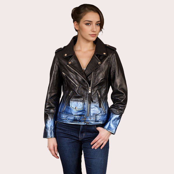 Women Biker Leather Jacket Waxed Sparkled RUNWAY