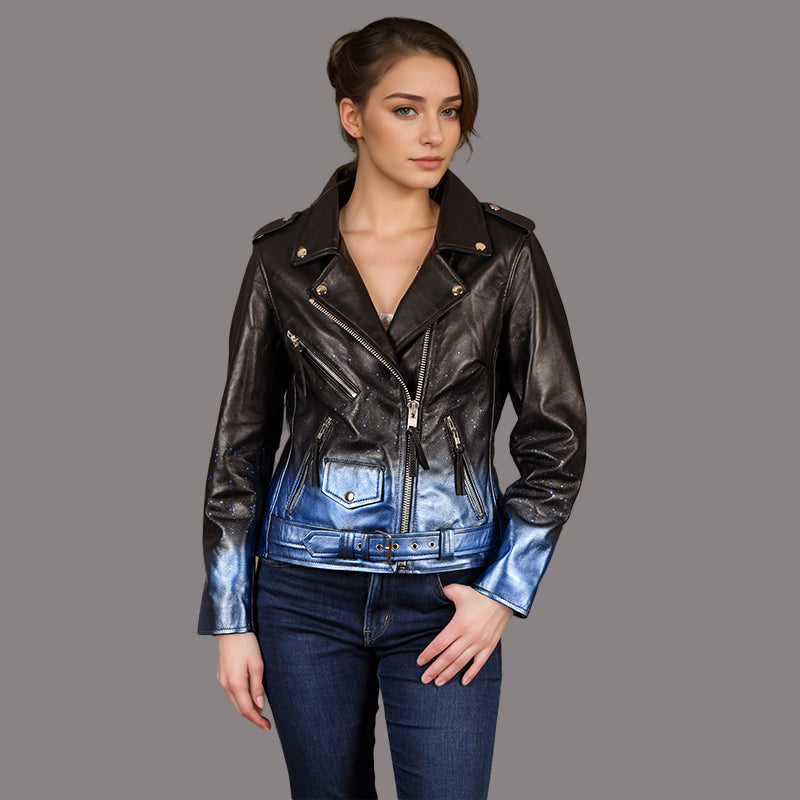 Women Biker Leather Jacket Waxed Sparkled RUNWAY