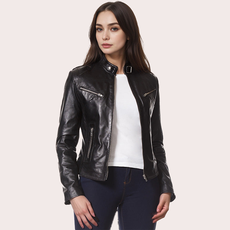 Racer Style Leather Jacket For Women VELOZ