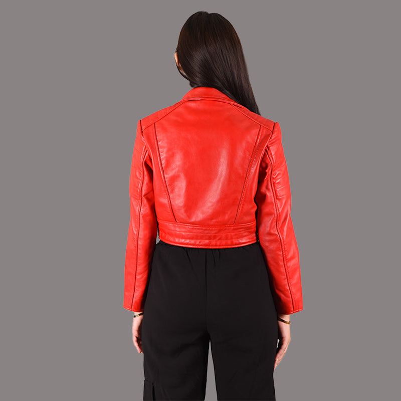 Women Short Cropped Leather Biker Jacket JEMINA