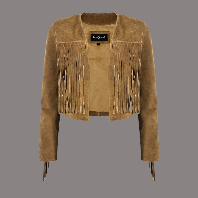 Cropped Leather Fringe Jacket in VAQUERO