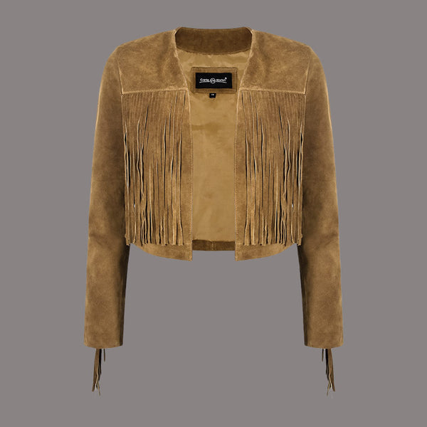 Cropped Leather Fringe Jacket in VAQUERO