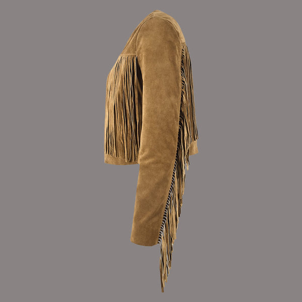 Cropped Leather Fringe Jacket in VAQUERO