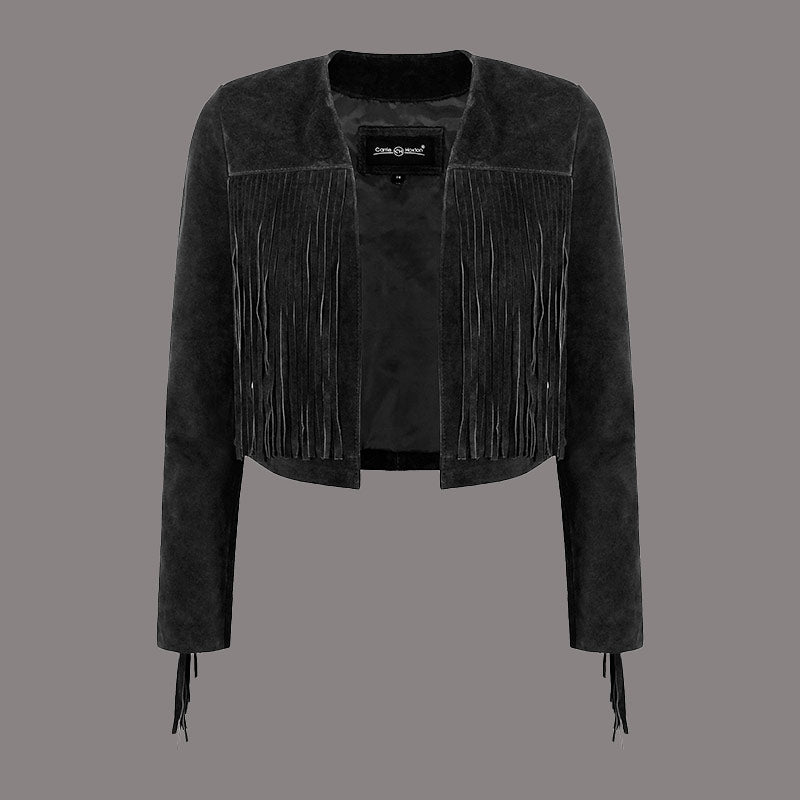 Cropped Leather Fringe Jacket in VAQUERO