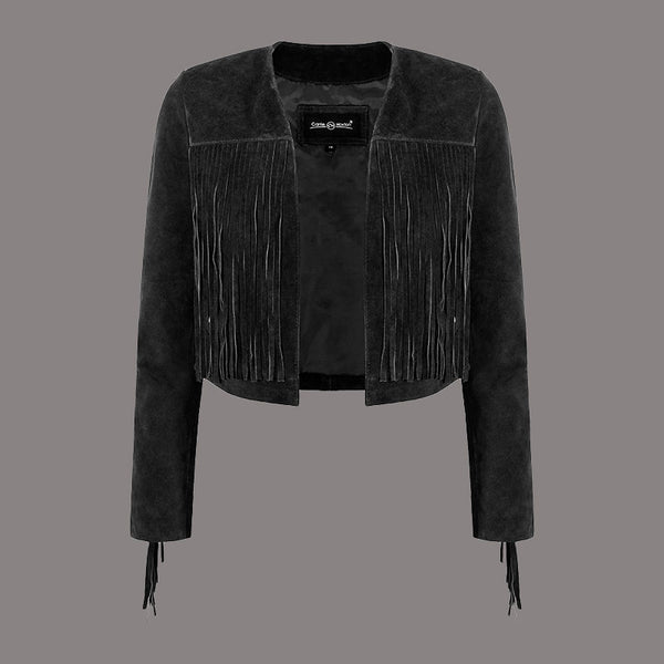 Cropped Leather Fringe Jacket in VAQUERO