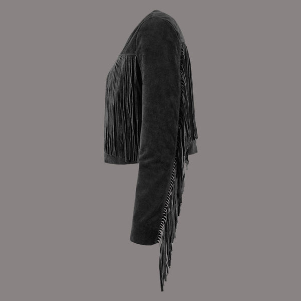 Cropped Leather Fringe Jacket in VAQUERO