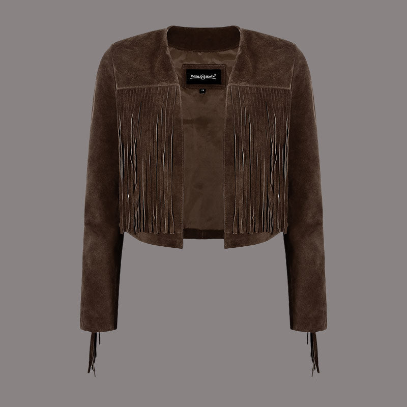 Cropped Leather Fringe Jacket in VAQUERO