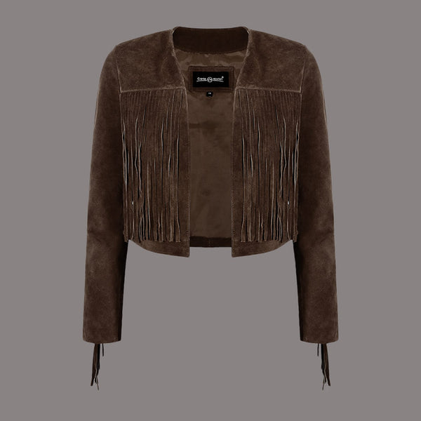 Cropped Leather Fringe Jacket in VAQUERO