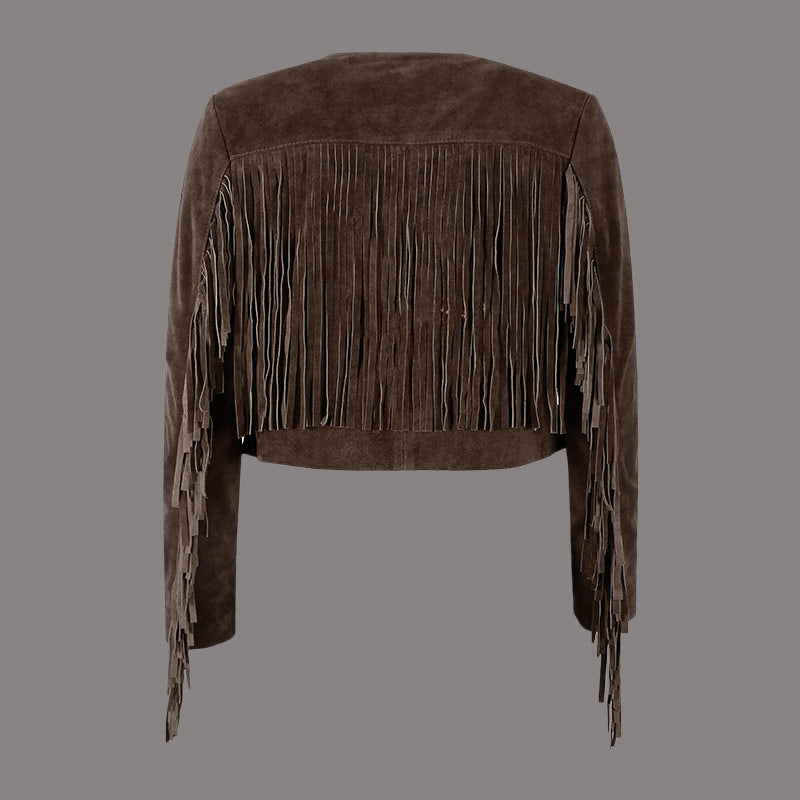 Cropped Leather Fringe Jacket in VAQUERO