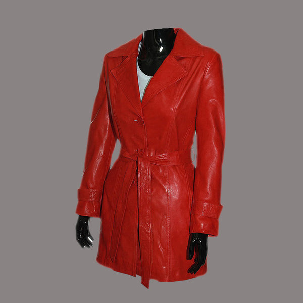 Women Leather Trench Coat with Tie Belt KESWICK