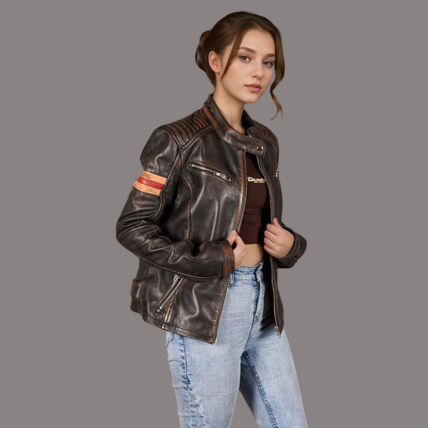 Women Distressed Black Leather Biker Jacket 