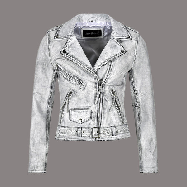 Women Vintage Leather Biker Jacket RUNWAY