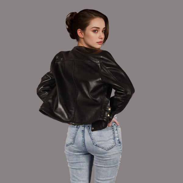 Women Collarless Leather Jacket in Black SKYLER